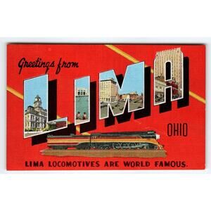 Greetings From Lima Ohio Large Big Letter Linen Postcard Kropp Train Locomotives